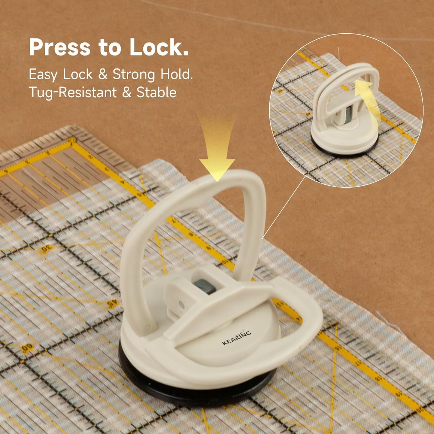 KEARING Heavy Duty Suction Cups Ruler Handle for Quilting Patchwork Ruler, Off-White Strong Grip Quilters Handle with Single Suction Cup for Sewing, Crafting & Screen Repair Tools