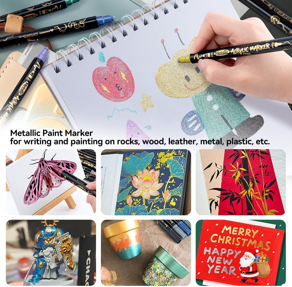 TRANSON 12Colors Metallic Paint Markers Bold and Fine Dual-tip for Rock Wood Ceramic Canvas DIY Painting Drawing