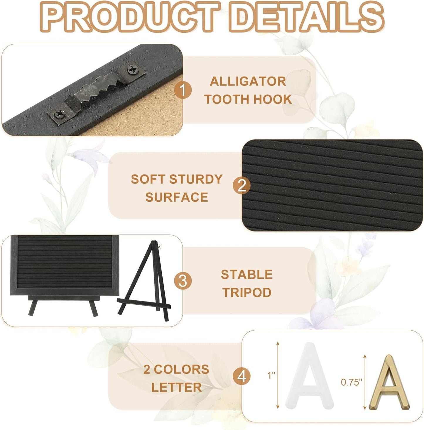 PATIKIL Felt Letter Board, 12x16Inches Black Wooden Changeable Message Board with Storage Bag Stand for Kitchen Menu Classroom Farmhouse Decor Notes, White Bronze Letter