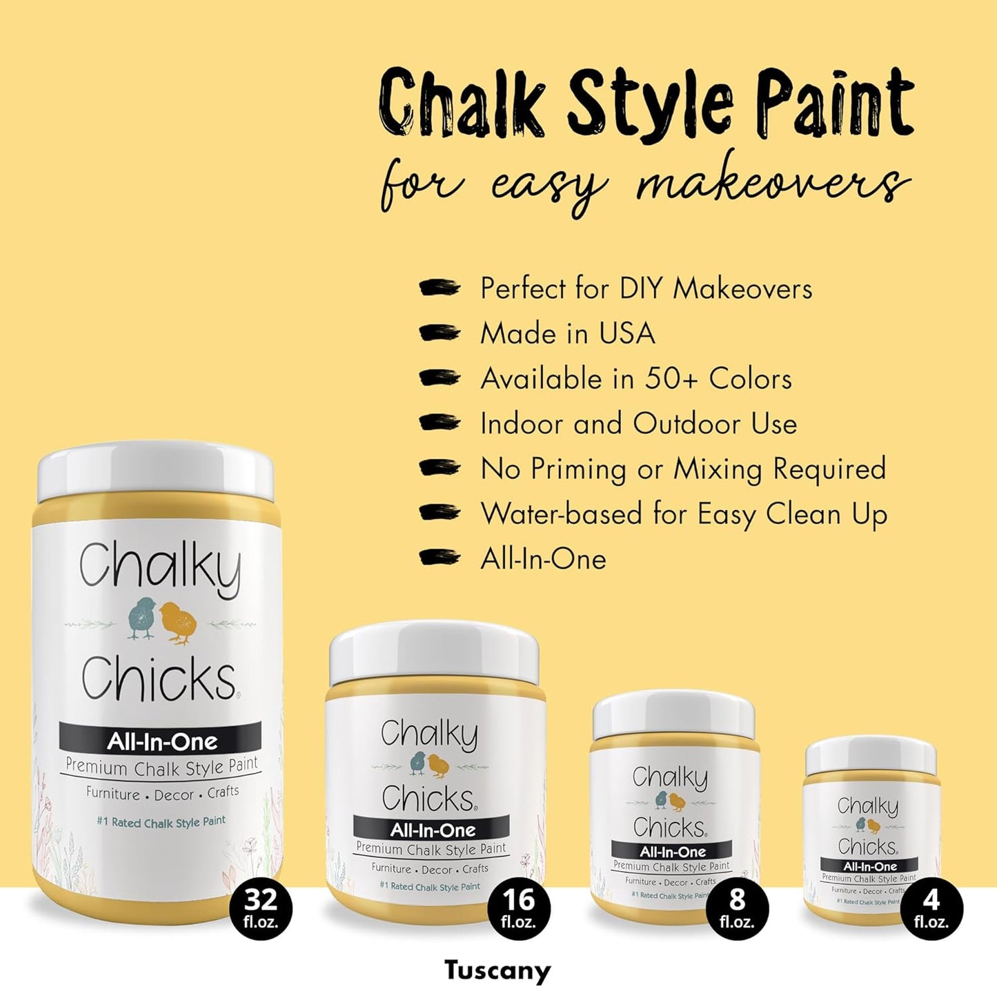 Chalky Chicks All-in-One Chalk Paint for Furniture or Cabinet - 4 Fl Oz - Matte Finish Tuscany (Yellow) for Metal, Wood Furniture Paint - No Sanding All-in-One for Home Decor & Crafts, USA Made