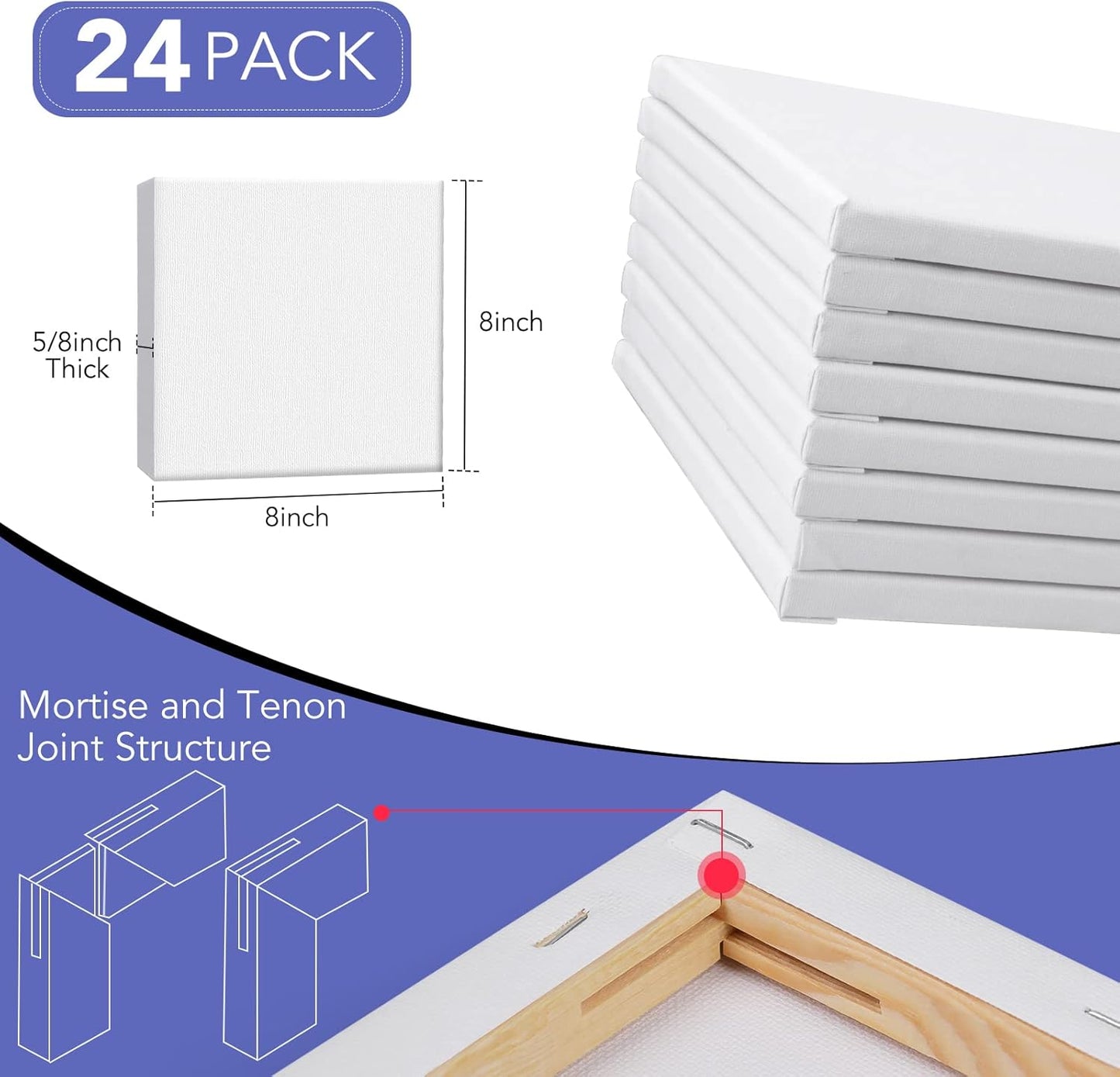 Stretched Canvases for Painting, 8x8, Pack of 24, Primed Acid-Free, 5/8 Inch Thick Wood Frame Blank Canvas, Art Canvases for Beginners, Artists for Oil Paint,Acrylic Paint, Pouring Painting.