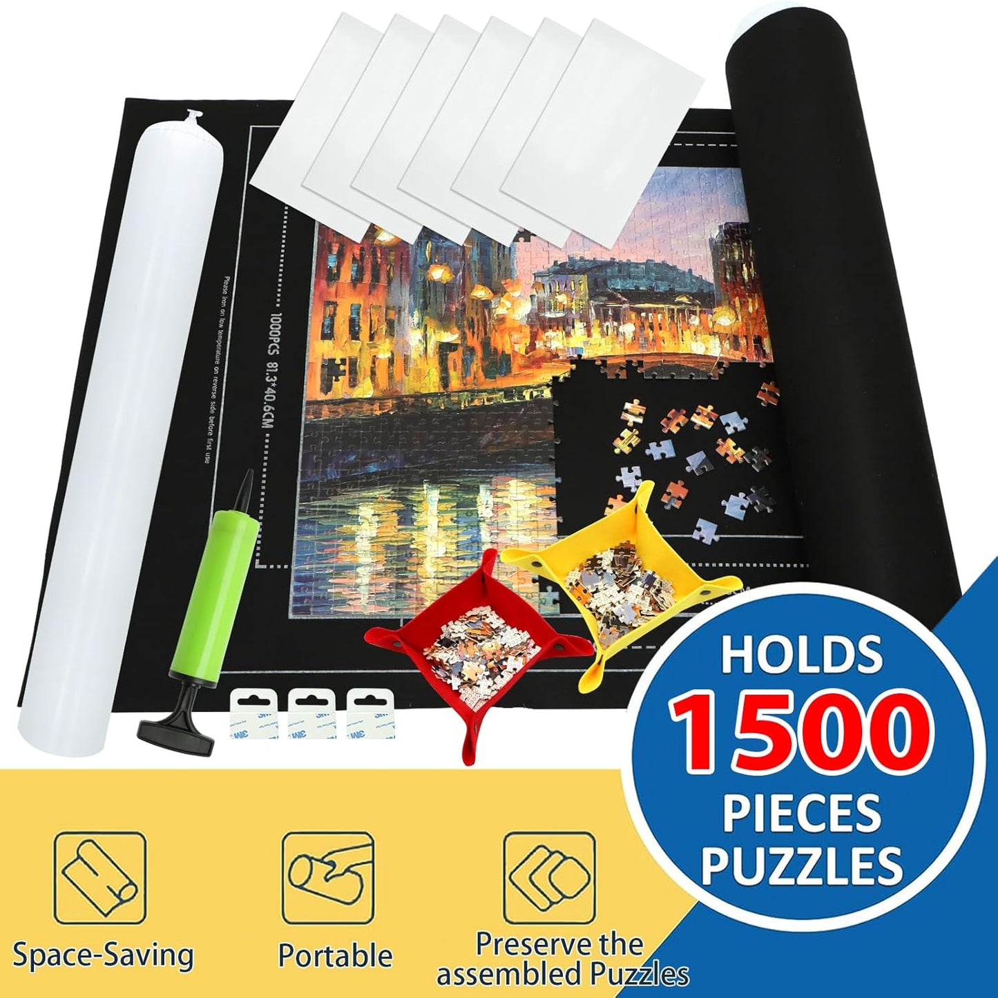 Portable Puzzle Mat Roll Up - with 9 Glue Sheets, Sorting Trays, Hand Pump, Inflatable Tube, and Storage Bag - Perfect for Kids and Adults (Black, 1500pcs)