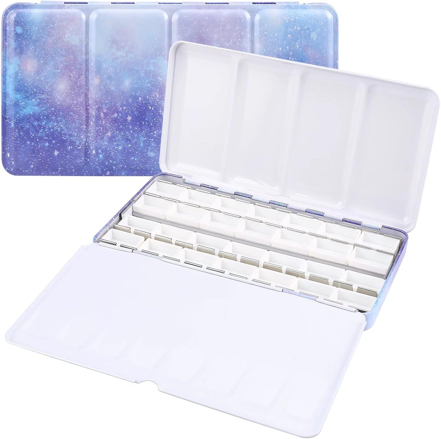 LOONENG Empty Watercolor Palette, Empty Watercolor Tin with Fold Out Palette, Large Purple Watercolor Tray Palette with 28 Empty Full Pans for Plein Air Painting and Sketching
