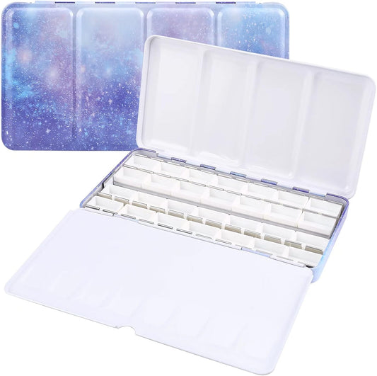 LOONENG Empty Watercolor Palette, Empty Watercolor Tin with Fold Out Palette, Large Purple Watercolor Tray Palette with 28 Empty Full Pans for Plein Air Painting and Sketching