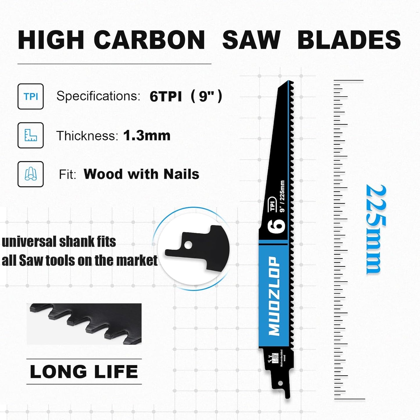 2 Pack 9 inch Reciprocating Saw Blades Set， 6 TPI High Carbon Saw Blades for Wood with Nails ，Saw Blades with Organizer Case (2, 6T/9inch)