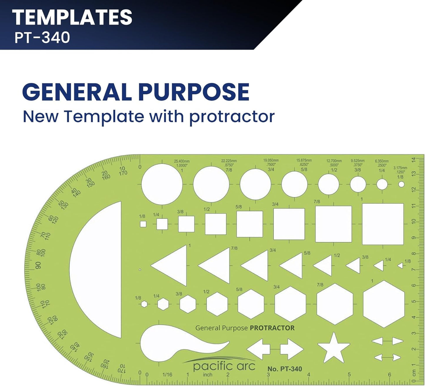 Pacific Arc - General Purpose Template with Protractor - Drawing Aid Stencil for Professional or School Work - Size 5.5" x 9.5"
