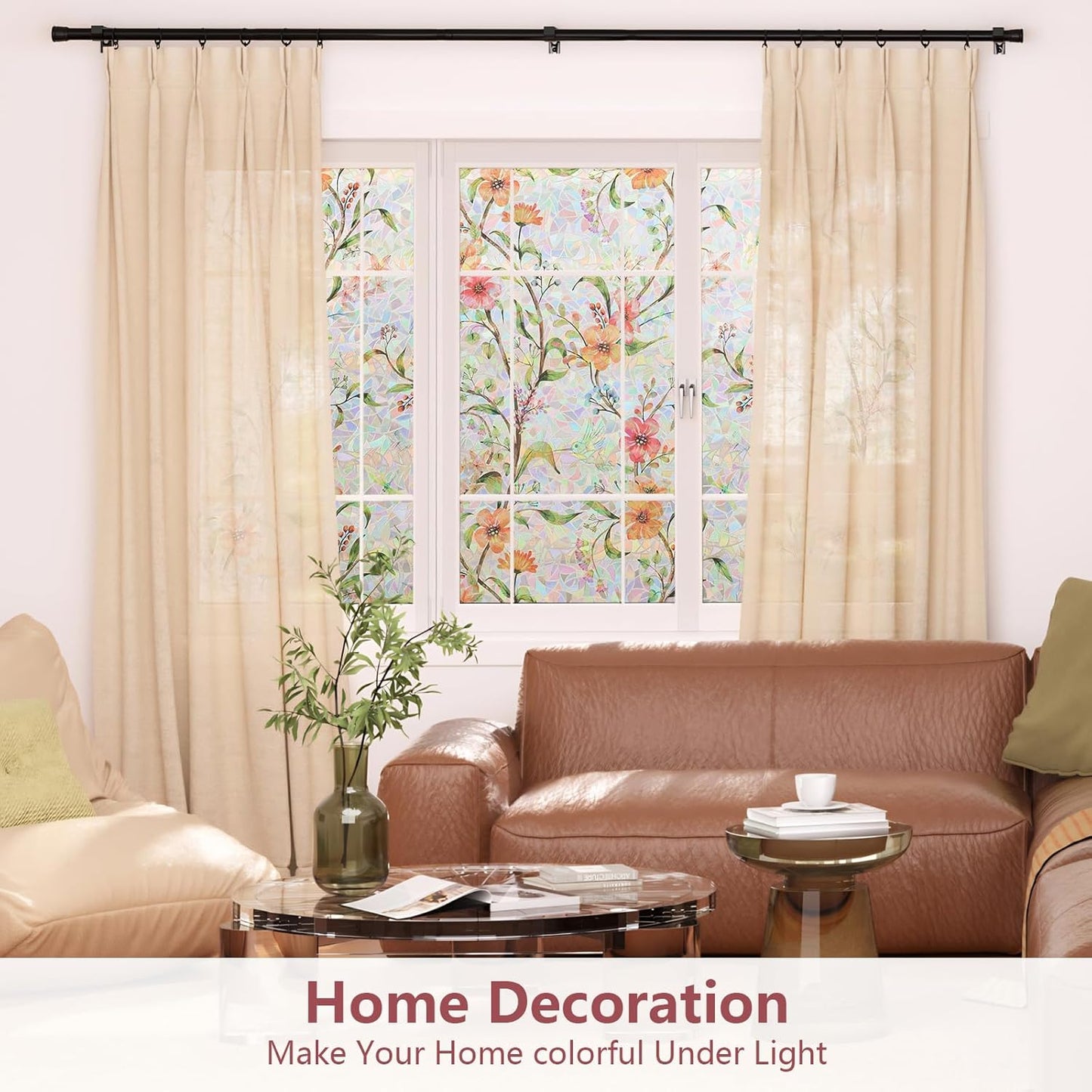 NINETREX Window Privacy Film,Stained Glass Window Film,Rainbow Decorative Stickers Static Cling Anti UV Heat Control for Home Decor (Galsang Flower,35.4 x 78.7inch)