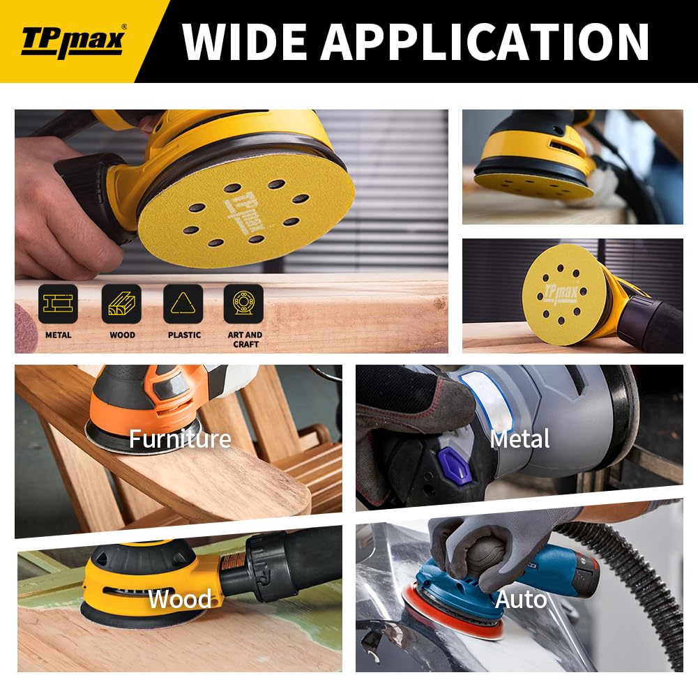 100PCS 5 Inch 320 Grit 125mm 8 Hole Sanding Discs Sandpaper - Premium Gold Round Hook and Loop for Random Orbital Sander - Ideal for Wood, Metal, Automotive