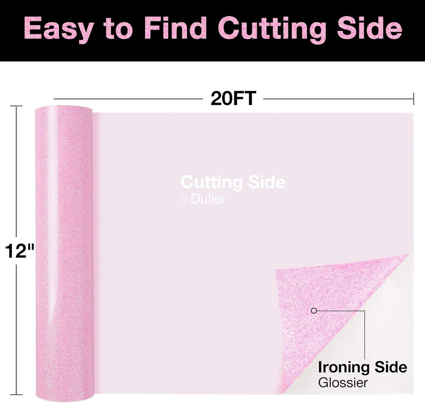 TORC Pink Glitter HTV Heat Transfer Vinyl Large Roll 12 inch x 20 ft Sparkly Iron on Vinyl for T Shirts Crafts