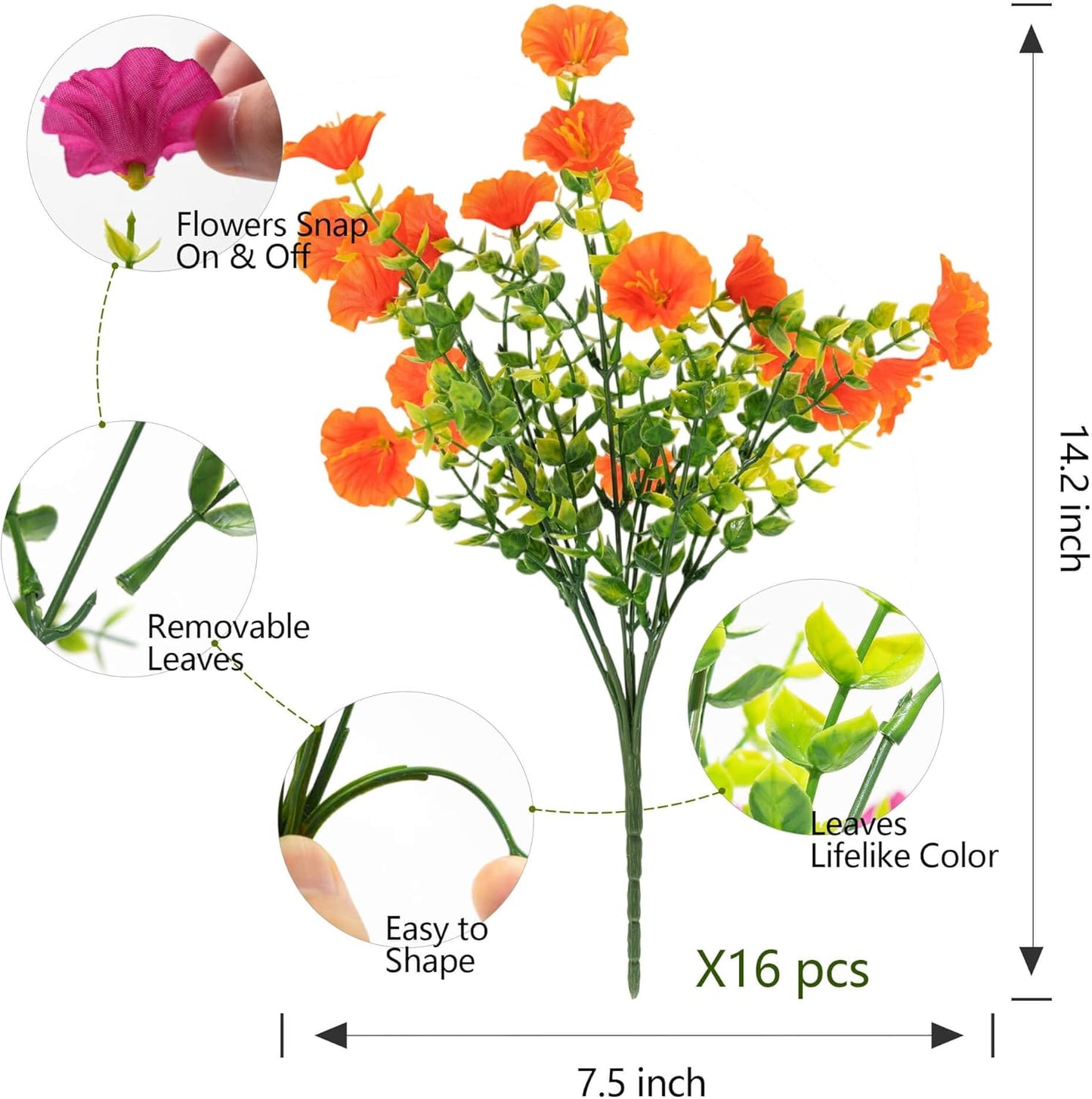 Artificial Flowers for Outdoor Decoration,16 Bundles Fake Silk Realistic Orange Morning Glory UV Resistant Faux Plastic Plants for Planter Porch Patio Yard Balcony(Orange Red)