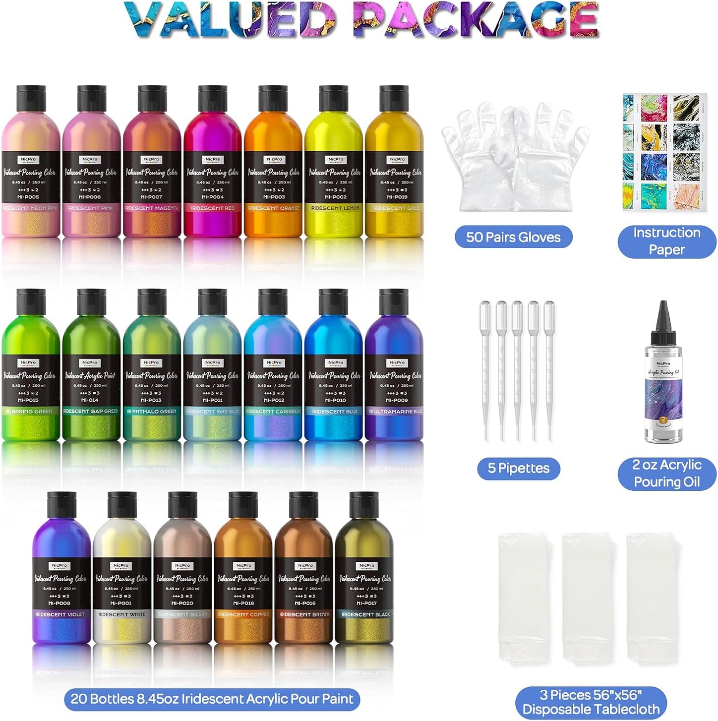 Nicpro 20 Colors Iridescent Metallic Acrylic Pour Paint Supplies Kit, 8.45oz Large Ready to Pour Premixed High Flow Pouring Paint Set with Silicone Pouring Oil, Gloves, Instructions for Beginner DIY
