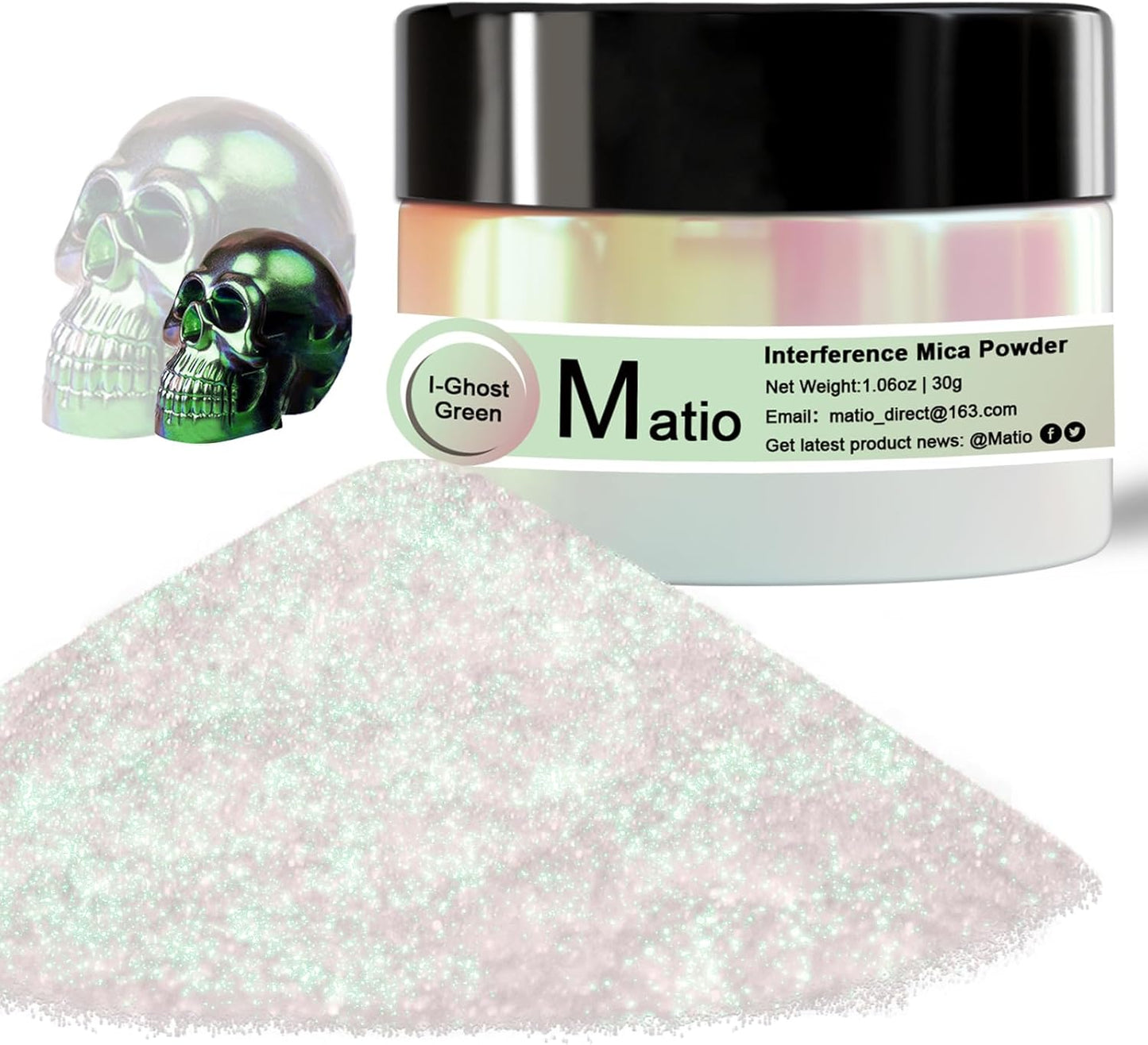 Matio Interference Mica Powder, 1.06oz/ 30g Ghost Green Chrome Powder, Pearlescent Effect Color Shift Pigment for Epoxy Resin, Makeup Shimmer, Nail Polish,Soap Dye,Candle Making,Paint