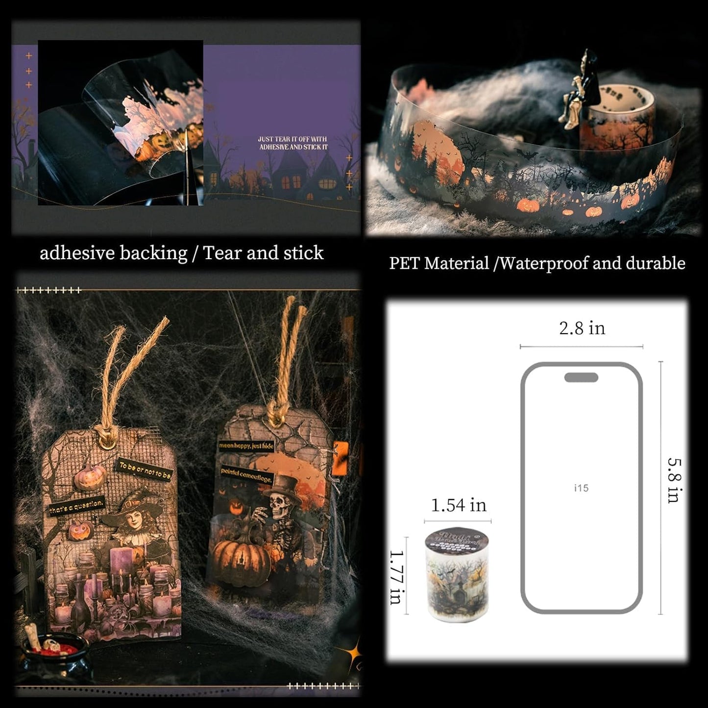 Gothic Scrapbook Tape Stickers,6 Rolls PET Halloween Pumpkin Washi Tape for Scrapbooking,Journaling,Junk Journal,Planner,DIY Arts Crafts(Dance Party)