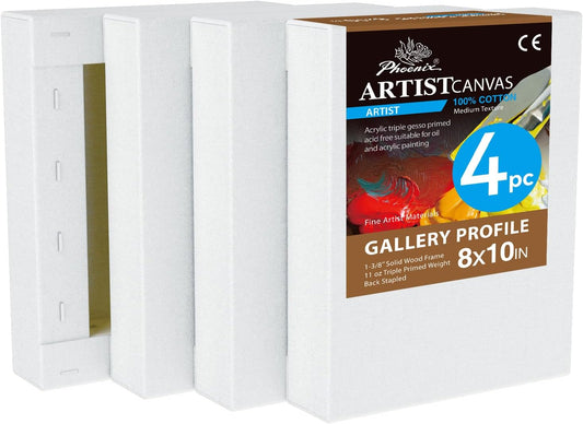 PHOENIX 8x10 Inch 4 Pack Gallery Canvas - 1.5 in Thick Small Canvases for Painting - Deep Edge 100% Cotton 11 Oz. Gesso Primed White Blank Professional Canvas Oil & Acrylic Paints