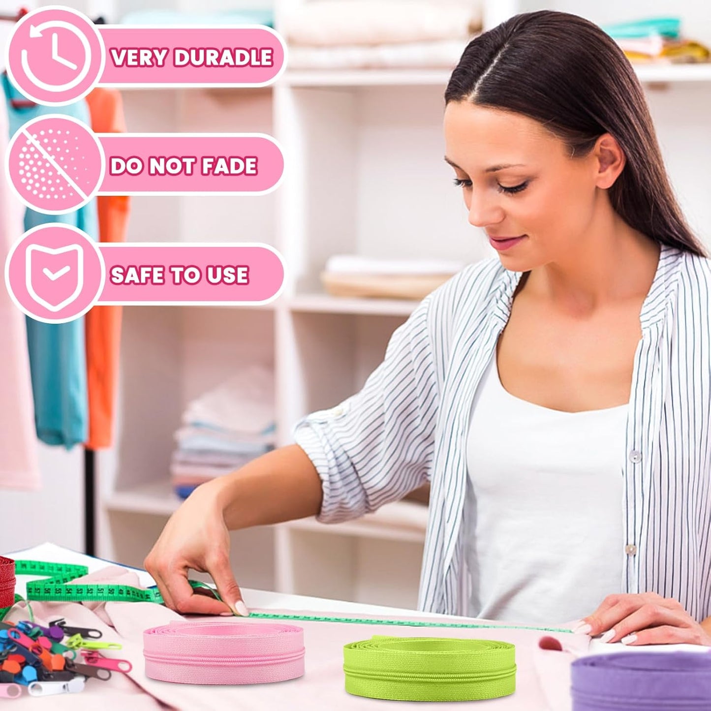 DOITEM 31 Yards 10 Pieces Sewing Zippers #3 Nylon Coil Zippers 10 Colors Assorted Zipper for Sewing with 40 Zipper Sliders for DIY Tailor Sewing Crafts Supplies,