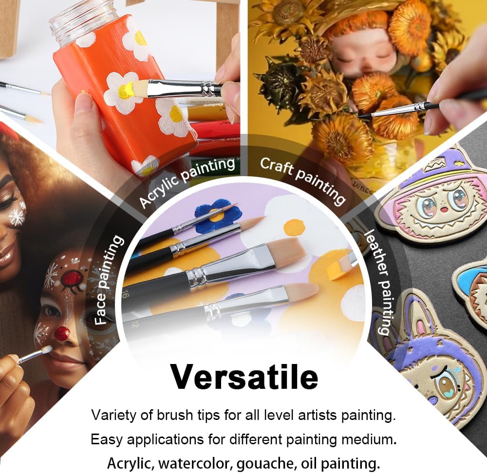 Transon Paint Brush Set 6pcs Art Painting Flexible Bristle for Acrylic Watercolor Gouache Oil Leather Canvas and Face Painting