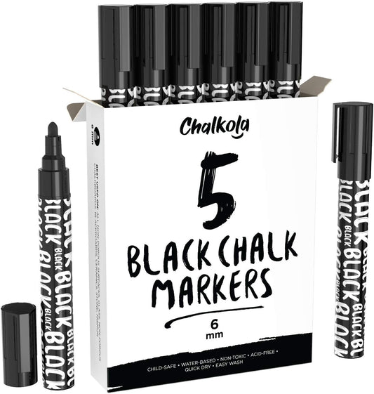 Black Chalk Markers - Liquid Dry Erase Marker Pens for Bistro, Chalkboards Signs, Windows, Blackboard, Glass - 6mm Reversible Tip (Pack of 5)