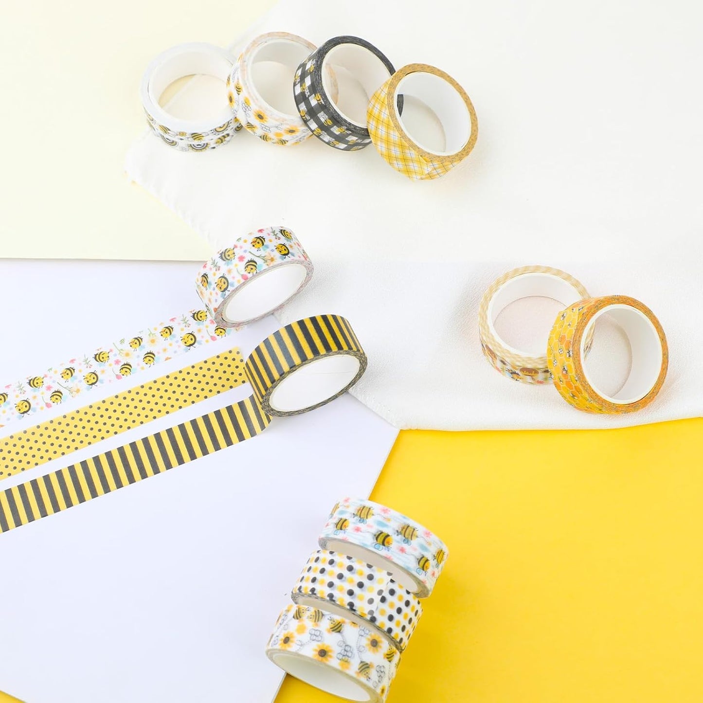 12 Rolls Bee Washi Tape Set, Bumblebee Daisy Masking Tapes, Yellow Black Plaid Polka Dot Decorative Washi Tape for Spring Summer Scrapbook Journal DIY Art Craft Gift Wrapping, 16.4FT
