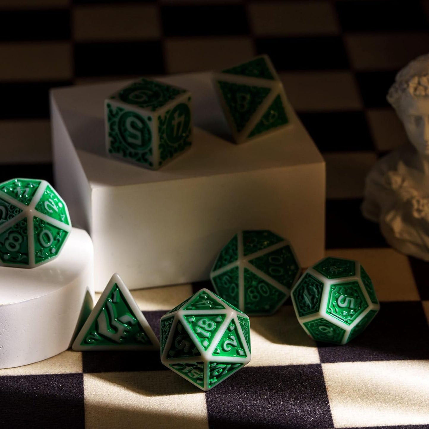 7-Die DND Dice Set New Pattern Polyhedral Dice Set with Leather Bag D&D Die for RPG Table Games(Gray Green)