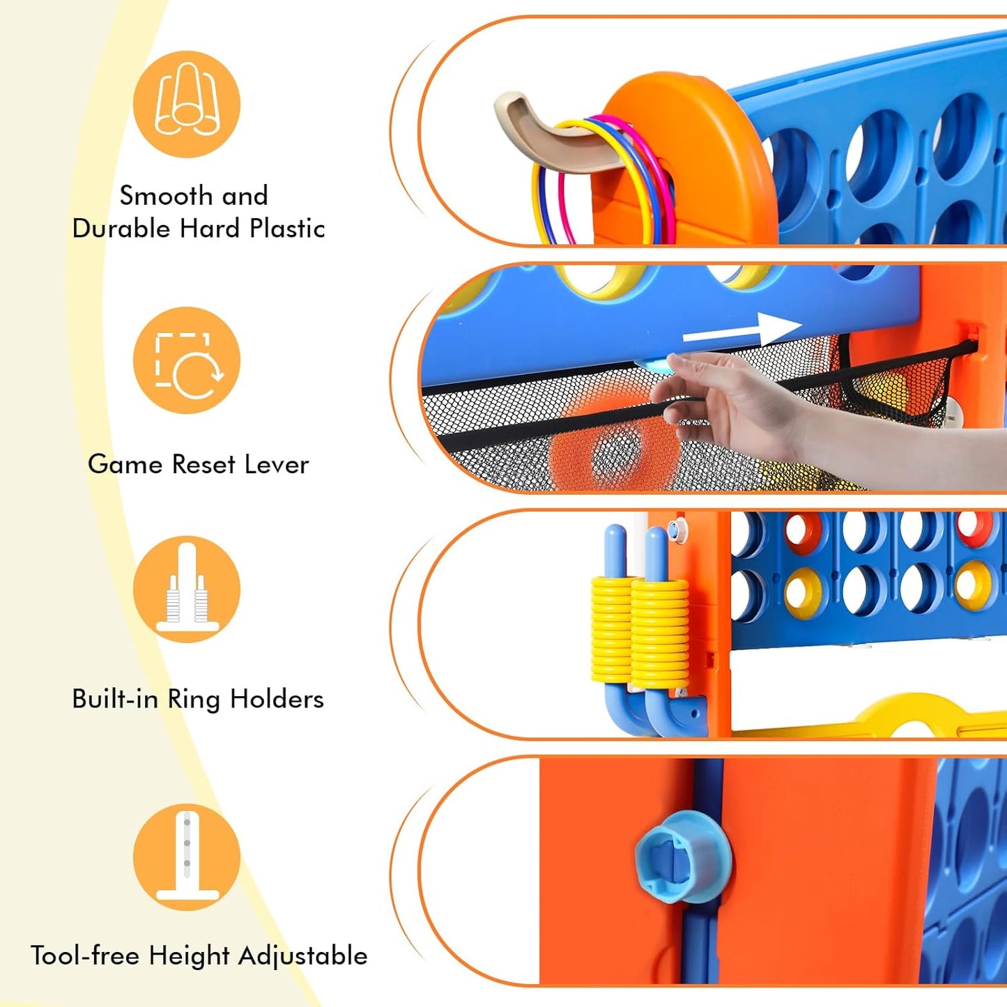 Giant 4 in a Row Connect Game with Mesh Fabric | Height Adjustable 4-in-1 Jumbo 4-to-Score Yard Game Set with Basketball, Golf & Ring Toss | Outdoor Indoor Family Yard Party Game for Kids & Adults