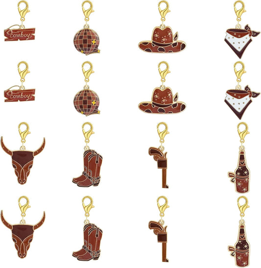 BEEFLYING 16Pcs Cowboy Stitch Marker Charms for Crocheting and Knitting, 8 Styles Brown Alloy Enemal Crochet Knit Stitch Marker Pendant with Leverback Clasp for Knitting Crocheting Accessories