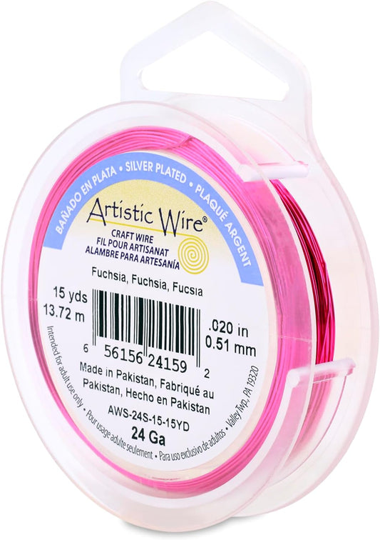 Artistic Wire, 24 Gauge Silver Plated Tarnish Resistant Colored Copper Craft Wire, Fuchsia 15 yd