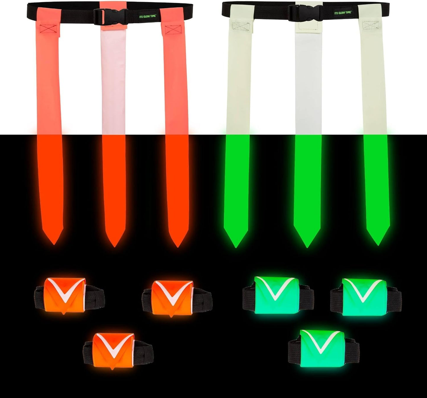 Glow in the Dark Flag Football Belts (Set of 6 with Storage Bag)- Premium Flags for Day or Night- Adjustable Belt Set for Yard Games, Football Party, Glow Party, Camping, Beach Games, Team Building