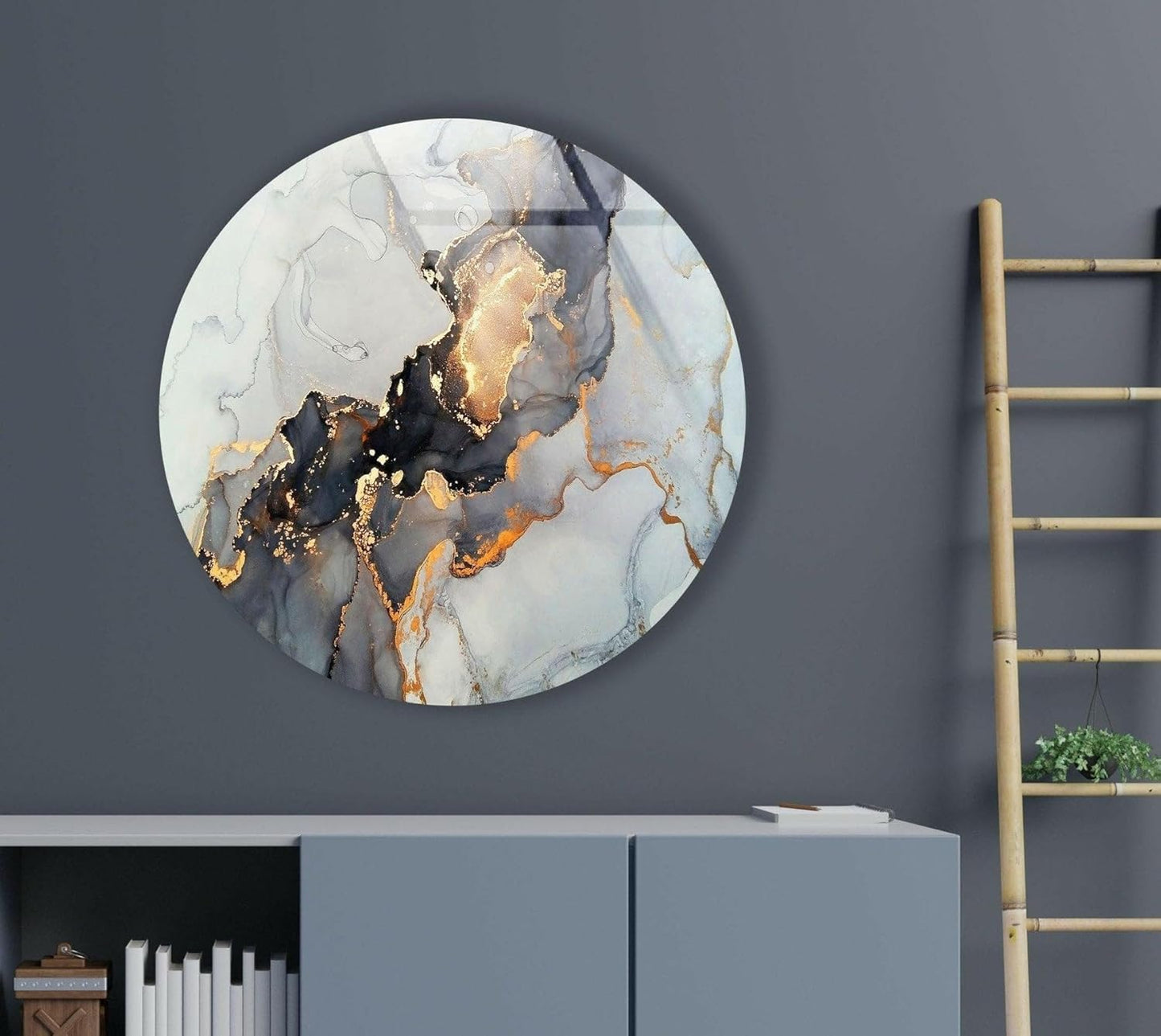 My Photostation.com 24''(60cm) Diameter Gold Details Gray Marble Round Glass Wall Art Tempered Glass Printing Wall Decor Large Wall Art Wall Hangings