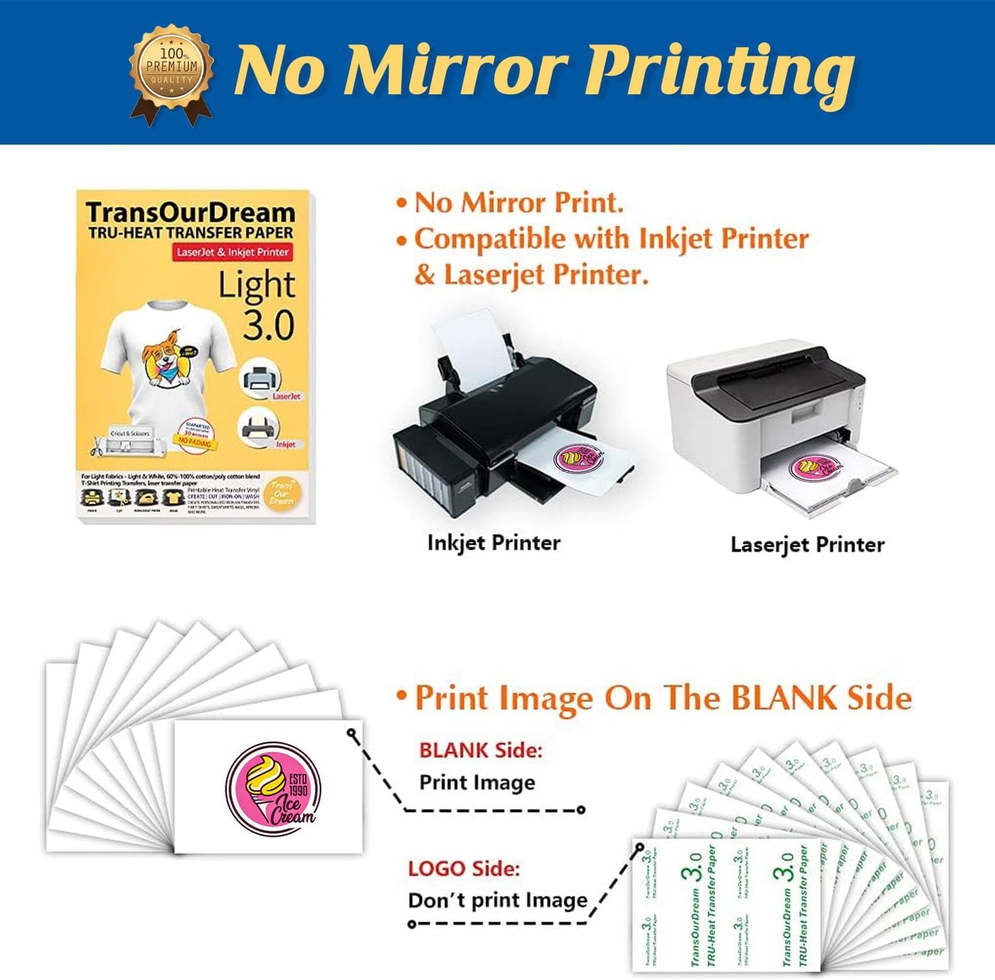 TransOurDream Tru-Heat Transfer Paper for Light T Shirts (200 Sheets 8.5x11, 3.0) Printable HTV Heat Transfer Vinyl for Inkjet & Laserjet Printer Iron on Transfers for Light Fabrics