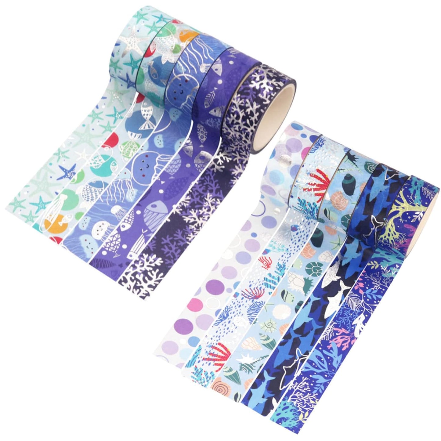 Blue Ocean Washi Tape Set 10 Rolls Bronzing Sea Decorative Masking Tapes for Scrapbooking, Bullet Journal, Planner, DIY Crafts, Gift Wrapping