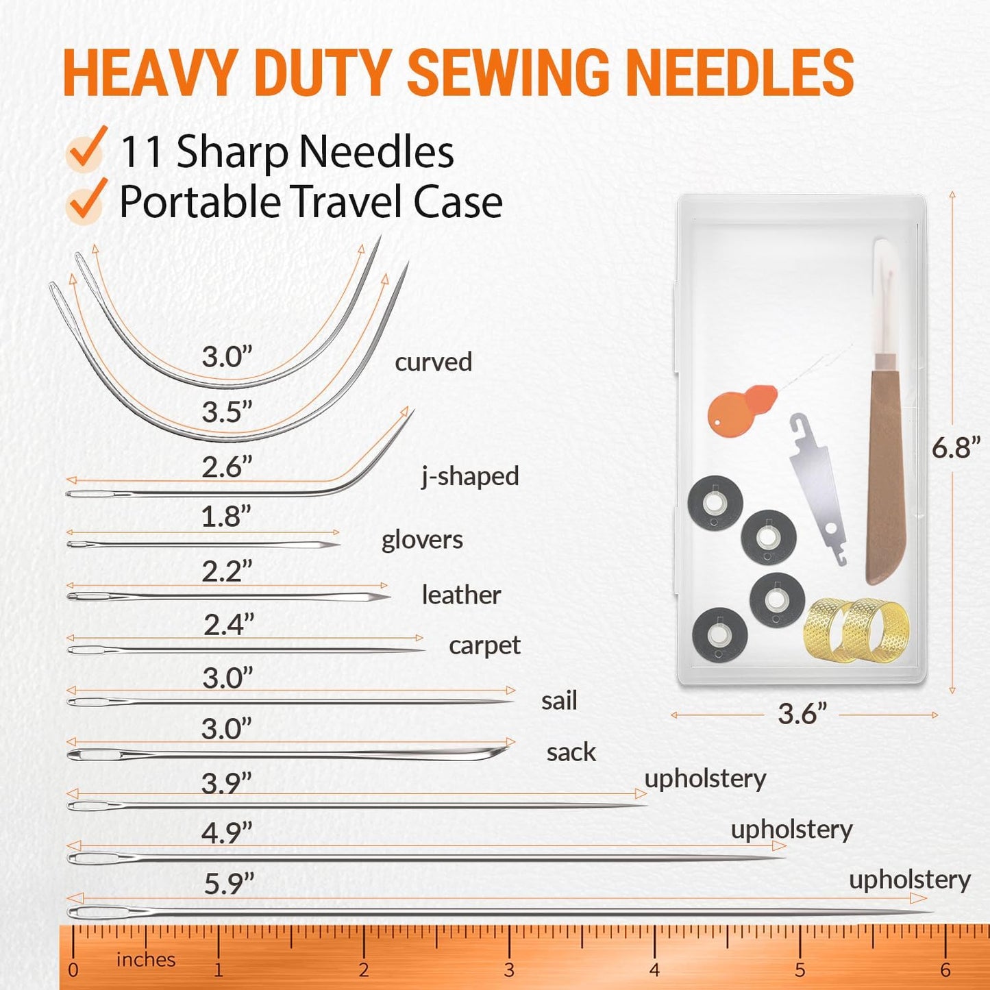 VONEEDL Heavy Duty Sewing Needles (11 PCS) & Waxed Thread (Black Color - 4 Rolls) - Upholstery Repair Kit for Leather, Canvas, Quilting & More