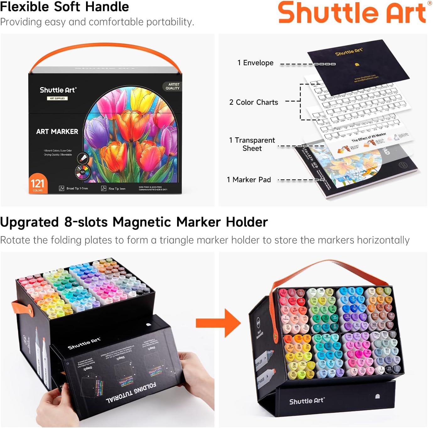Shuttle Art 121 Colors Alcohol Markers, 120 Colors Dual Tip Art Marker Set Plus 1 Colorless Blender with Marker Case Perfect for Illustration Students Adult Coloring Sketching