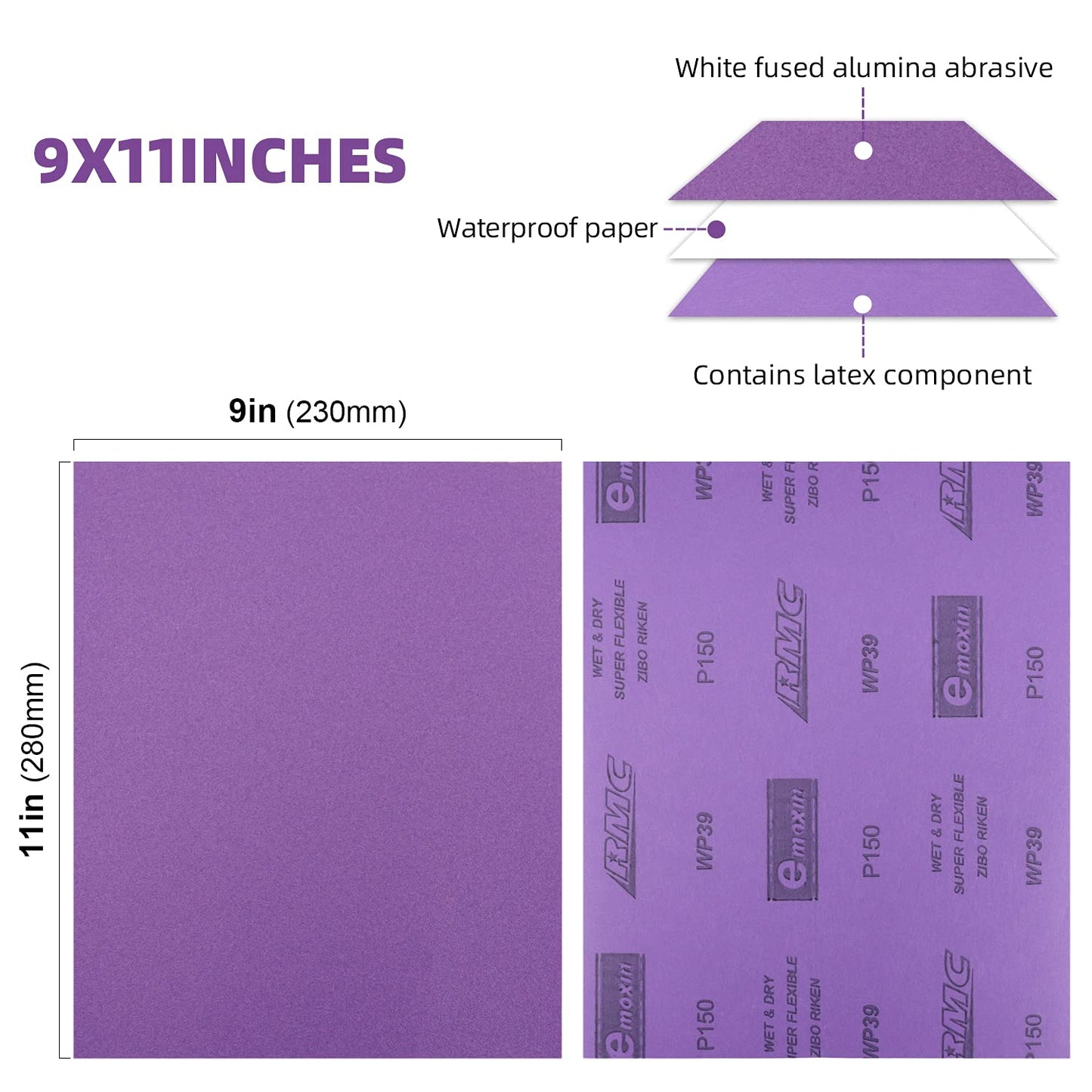 Sandpaper 150 Grit 20 PCS, Wet Dry Sanding Sheets 9 x 11 Inch, Purple Alumina Abrasive Sand Paper for Wood, Metal, Drywall, Resin, Automotive Sanding, Polishing, Grinding, by POLIWELL