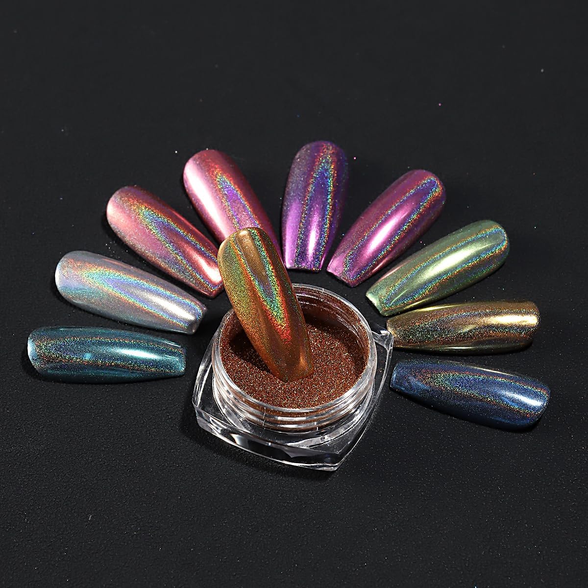 10 Colors Holographic Nail Powder, Holo Aurora Iridescent Metallic Mirror Laser Effect Chrome Pigment Glitter Dust for Salon Home Nail Art DIY Decorations