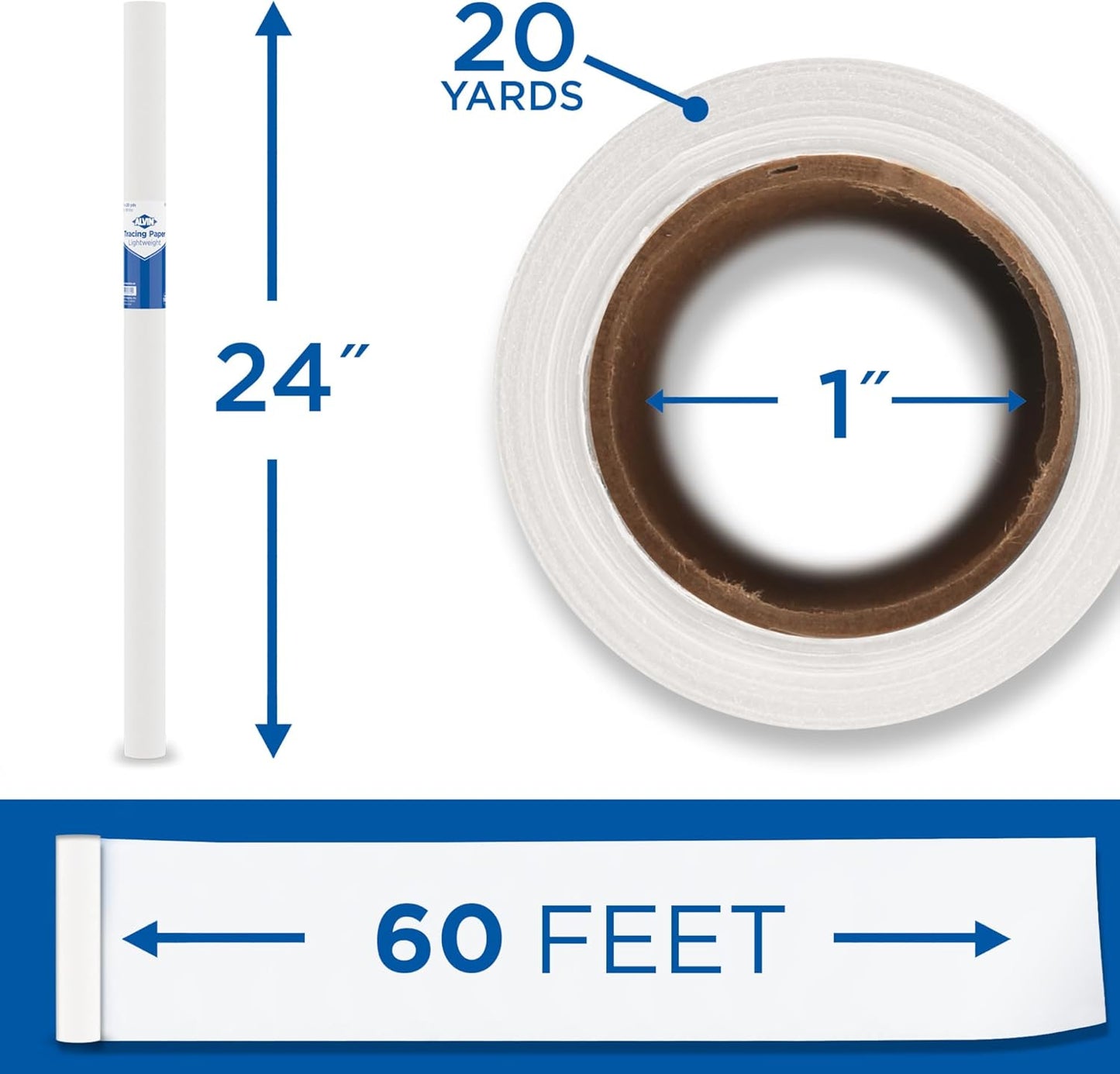ALVIN 55W-D Lightweight Tracing Paper Roll, White, Suitable with Ink, Charcoal, Felt Tip Pen, for Sketching or Detailing - 24 Inches, 20 Yards, 1-inch Core