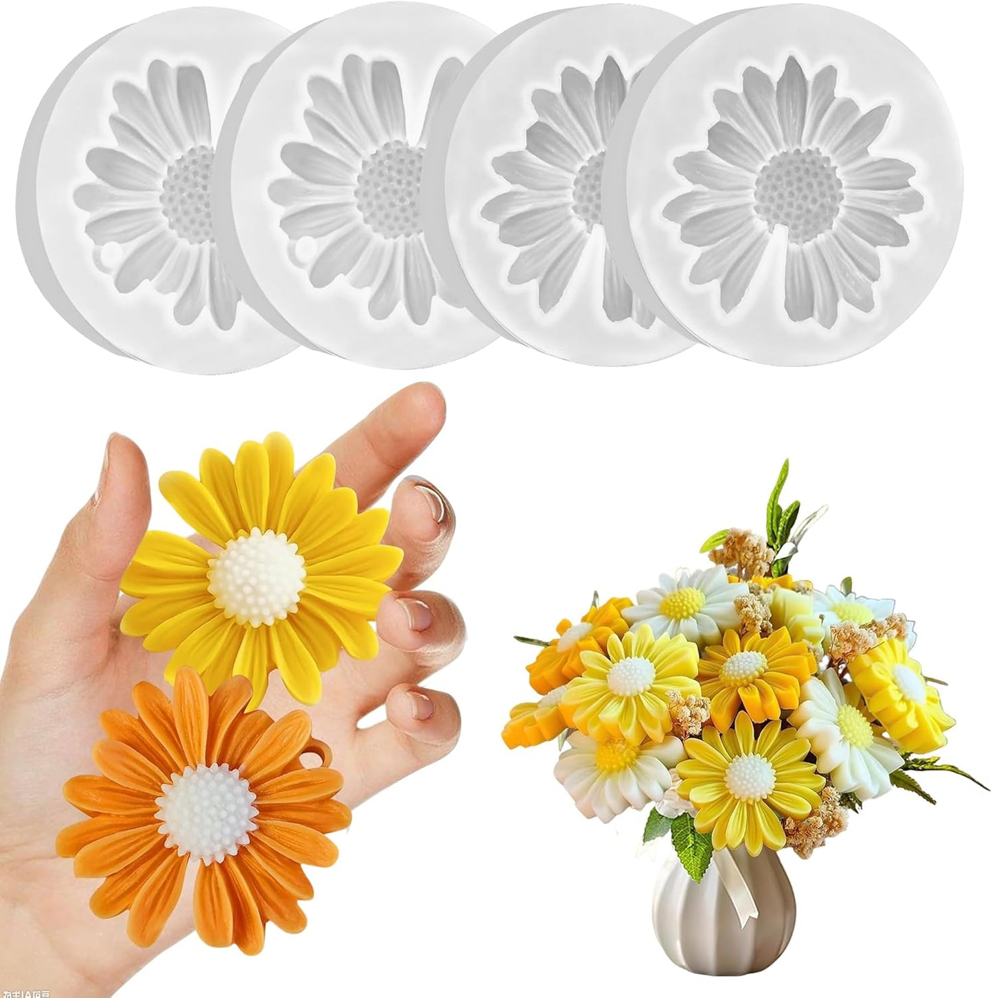 4 Pcs Daisy Flower Candle Molds, Silicone Molds for Candles Making, 3D Flower Shape Decorating Mold for Fondant Soap Chocolate Cake, DIY Wax Epoxy Resin Moulds for Clay Craft