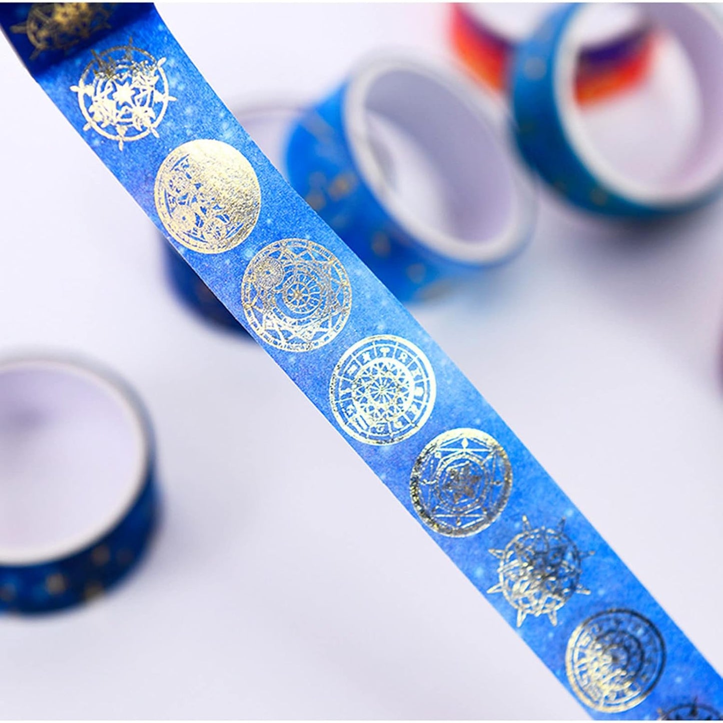 12 Rolls Galaxy Washi Tape Set, Gold Foil Decorative Masking Tape for Scrapbooking, Bullet Journal, Planner, DIY Crafts, Gift Wrapping