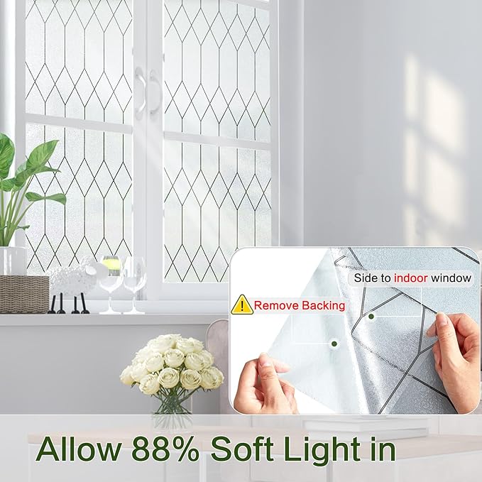 Windimiley Window Privacy Film Stained Glass Static Clings, Bathroom Frosted Leaded Decorative Window Stickers, UV Heat Blocking Opaque Removable for Home Door Coverings (35.4 x 394in,Pure)