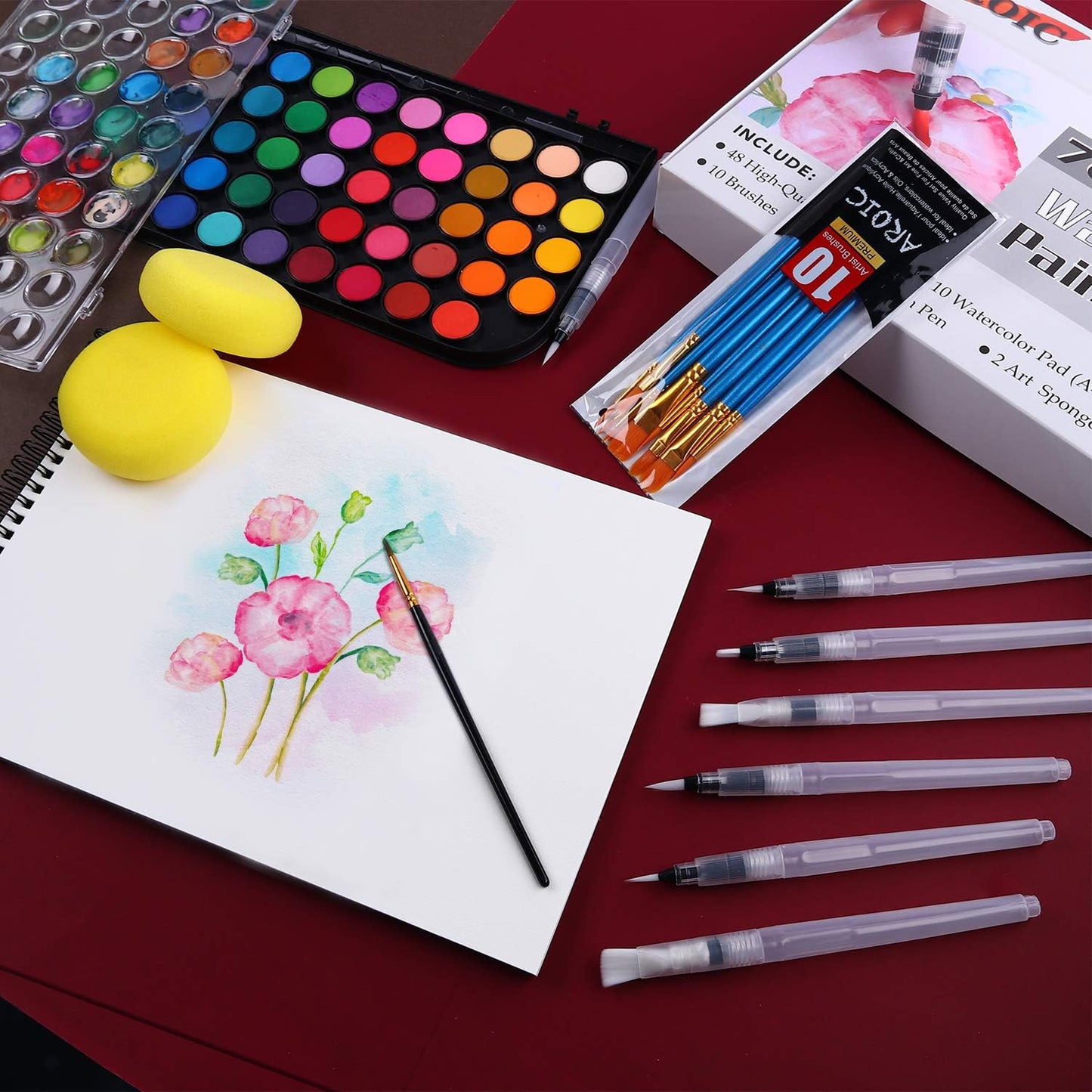 Watercolor Paint Set, 48 Color Watercolor with 10 PCS Nylon Brushes,6 PCS Refillable Water Brush Pen, 10 Page Pad(A4) and 2 PCS Art Sponges. Watercolor Paint set for Adults,Children and Beginners.