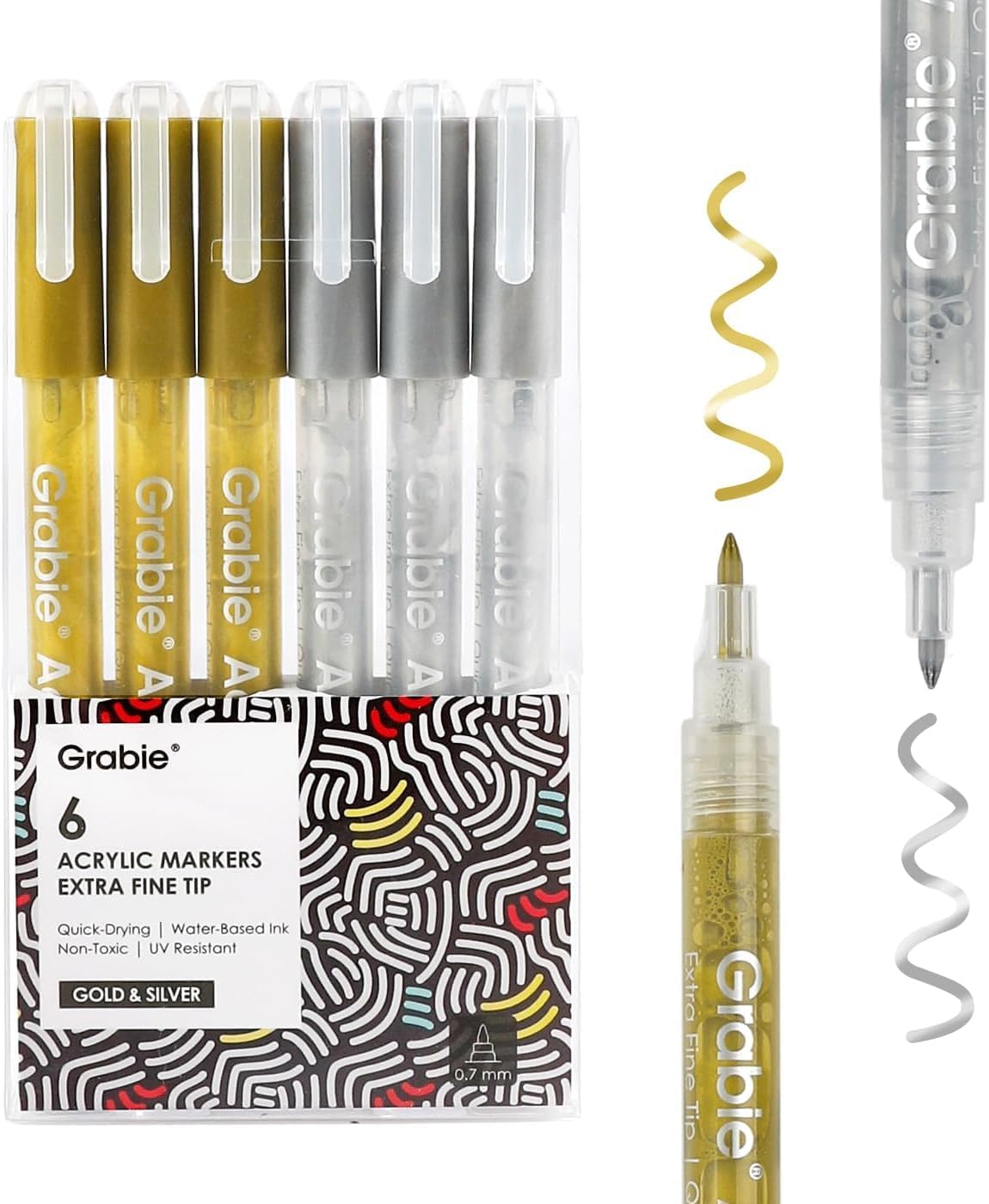 Grabie Gold&Silver Extra Fine Tip Acrylic Paint Marker Set, 6 Pack Gold Paint Markers, 0.7mm Acrylic Paint Pens for Black Paper, Halloween Pumpkin, Christmas DIY, Silver Pen(Gold&Silver)