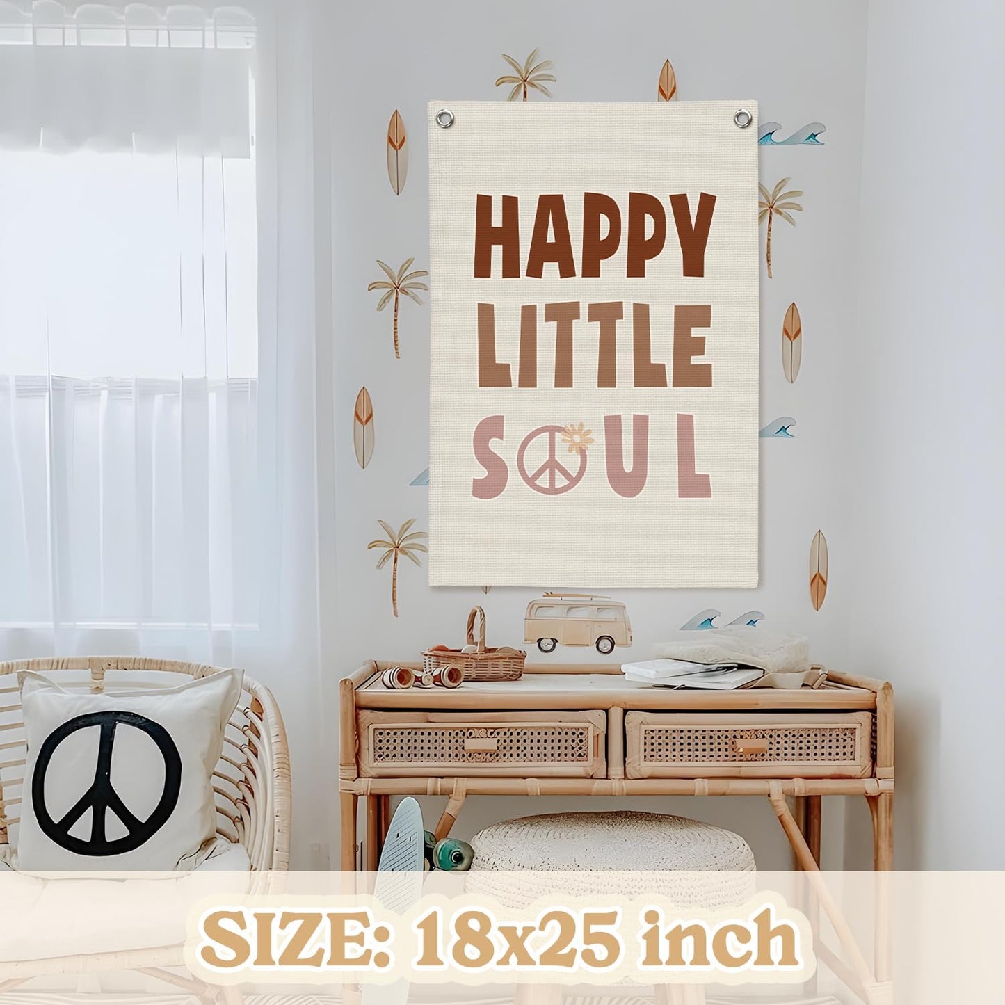 Nursery Wall Decor,Kids Room Decor,Happy Little Soul Linen Canvas Banner,Boho Inspirational Wall Hanging for Girls Bedroom,Nursery,Playroom 18x25 Inch