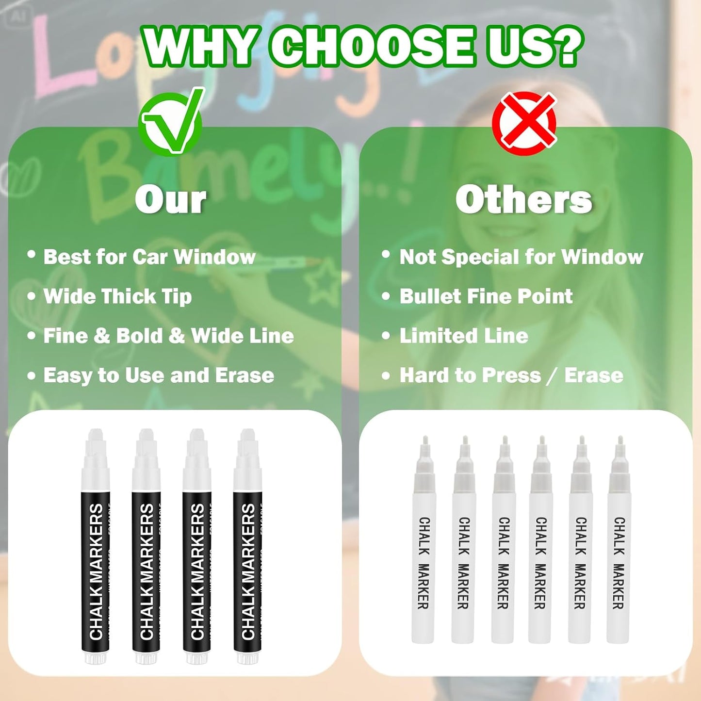 White Chalk Markers for Blackboard, Window Markers Thick, Liquid Chalk Pen with 7mm Wide Thick Tip & Erasable Paint, Jumbo Marker for Chalkboard Blackboard Sign Glass Menu Board Mirror Poster - 4 Pack