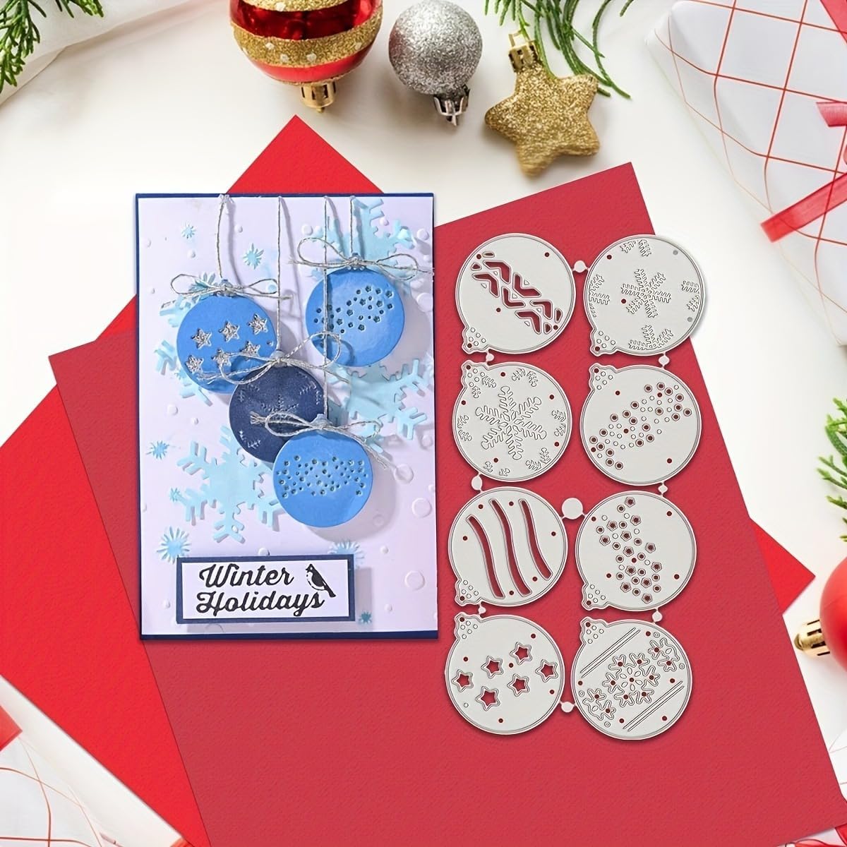Lapoo Festivals Metal Cutting Die for Scrapbooking - Durable, Cut Stencils for DIY Scrapbook Photo Album Decorative Paper Card, Card Making Supplies, Embossing (8 Christmas Balls 5.6 x 2.8 in)