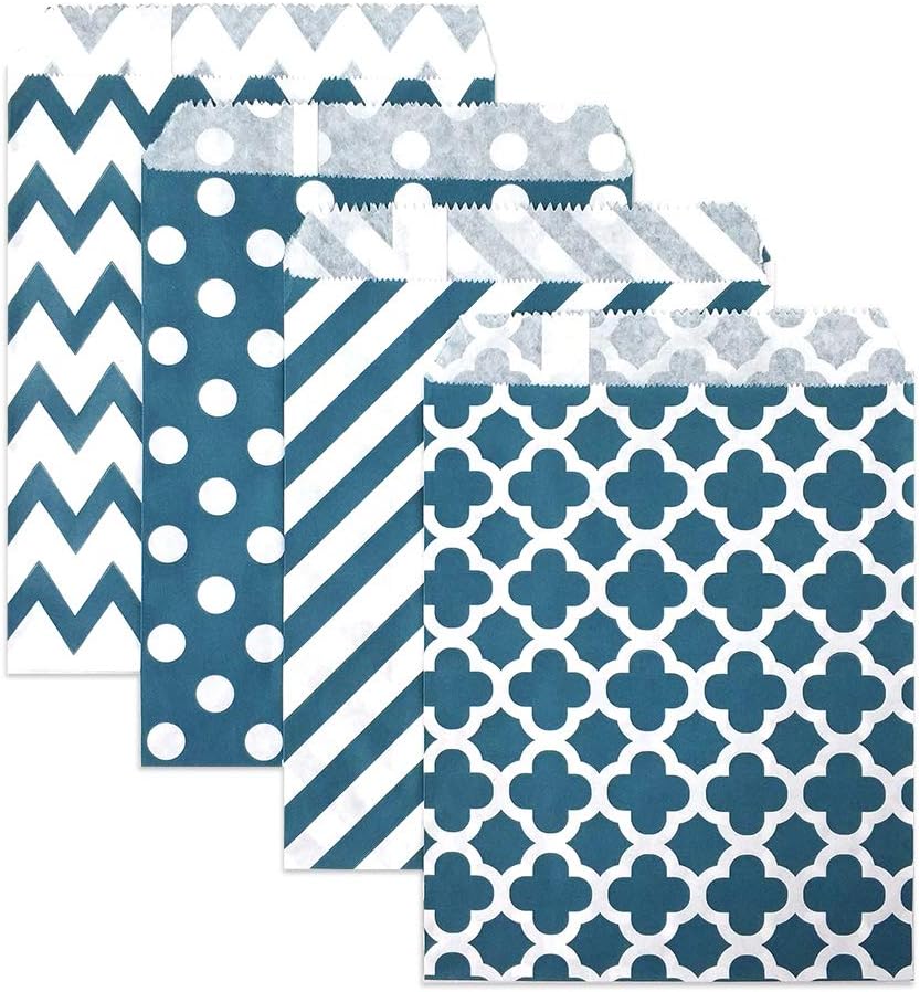 KEYYOOMY 100 Pcs Navy Blue Candy Buffet Bags Small Cookie Bags Polka Dot Paper Treat Bag for Wedding Birthday Party (5 inch x 7 inch)