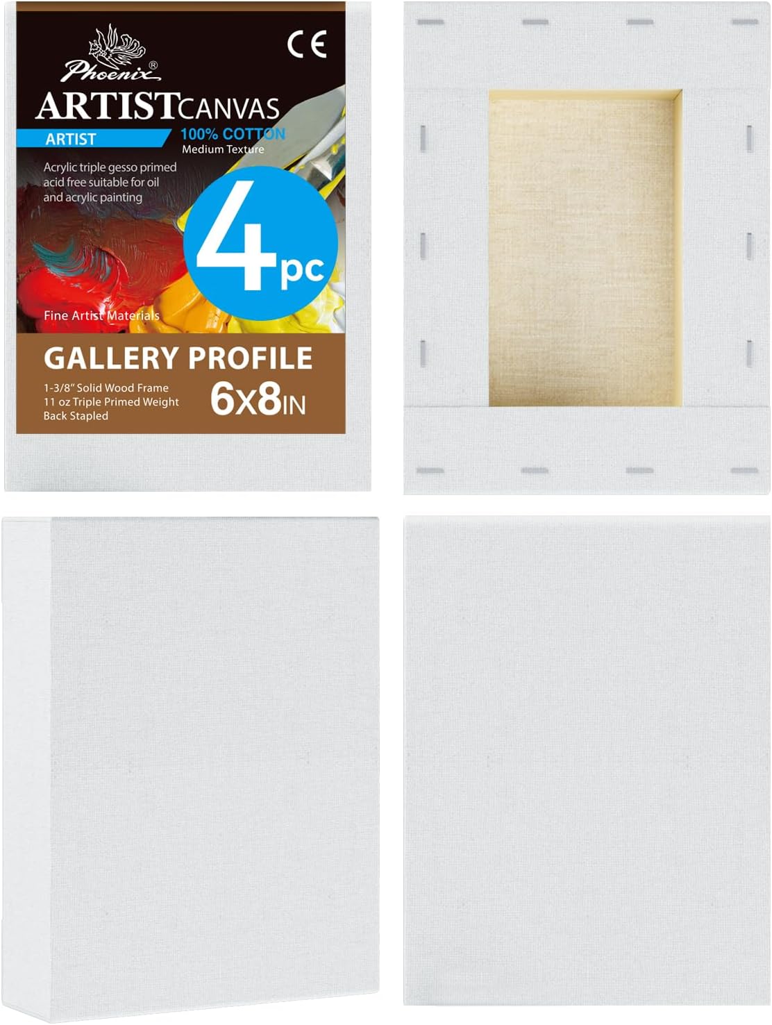 PHOENIX 6x8 Inch 4 Pack Gallery Canvas - Small 1.5 in Thick Canvases for Painting - Deep Edge 100% Cotton 11 Oz. Gesso Primed White Blank Professional Canvas Oil & Acrylic Paints