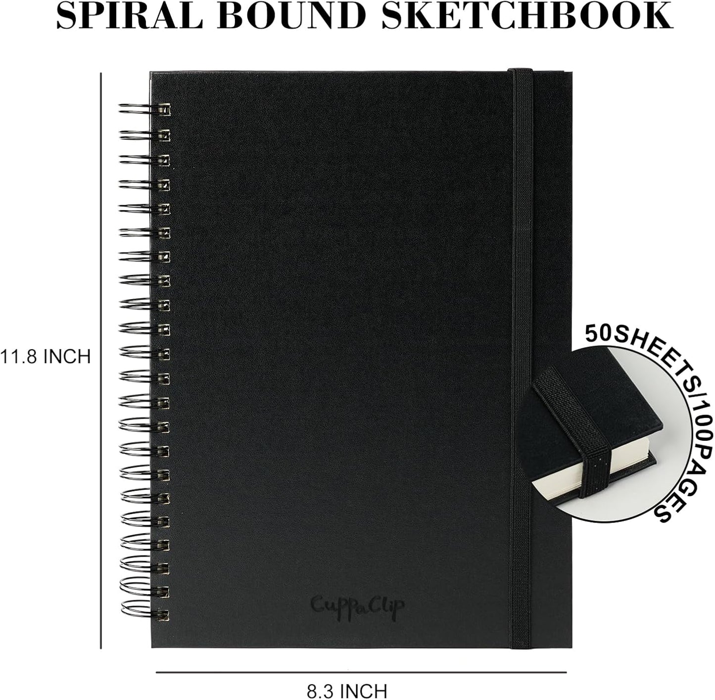 CuppaClip Sketch Book Hardcover Drawing Pad 300GSM Acid-Free Paper Spiral Bound Sketchbook 50 Sheets/100 Pages Art Supplies (Spiral Binding, 8.3x11.8in)