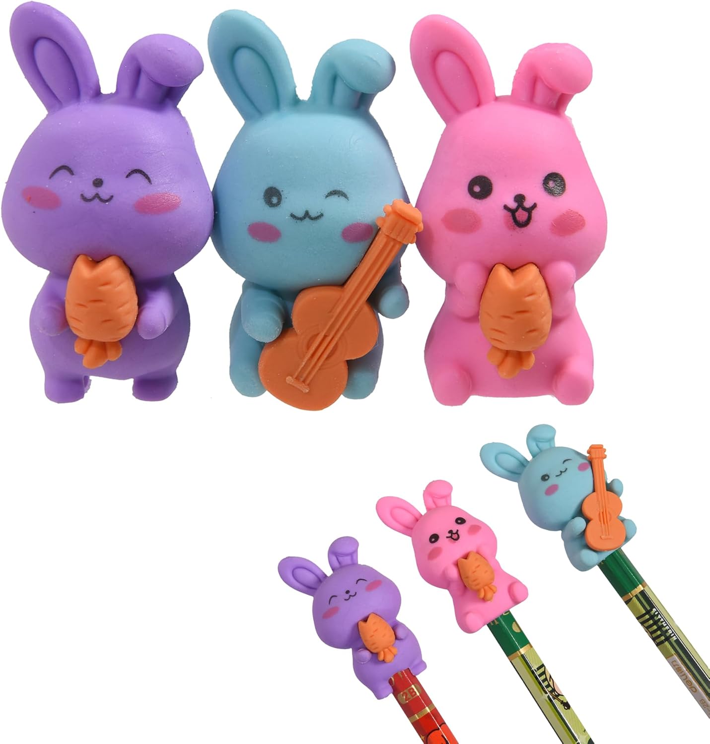 HILAZA 18Pcs Pencil Top Erasers for Kids, 3D Cute Rabbit Pencil Toppers, Bulk Fun Pencil Cap Easters for School Classroom Supplies Prize Gifts Party Favors
