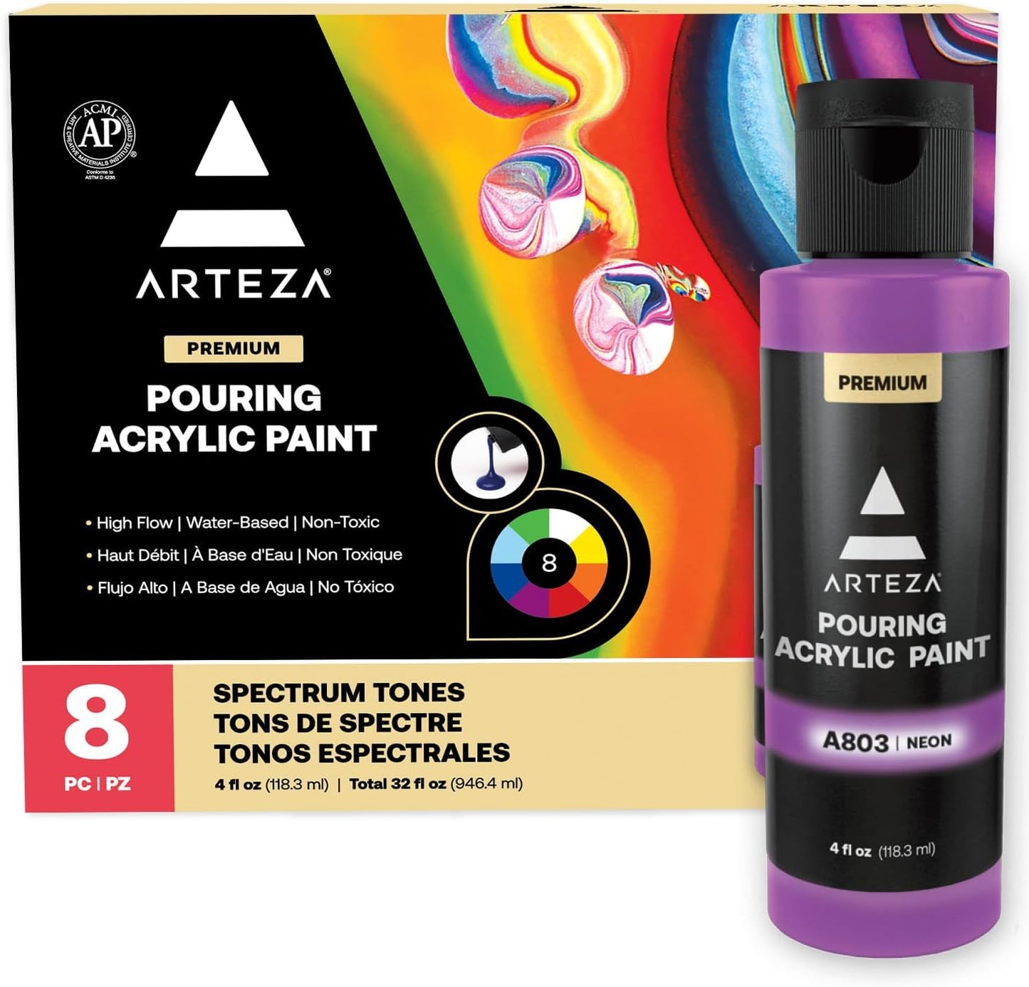 ARTEZA Acrylic Pouring Paint Set, 8 Rainbow Colors, 4 oz Bottles, High-Flow Paint, No Mixing Needed, Art Supplies for Canvas, Glass, Paper, Wood, Tile, and Stones