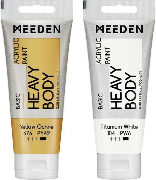 MEEDEN Acrylic Paint Yellow Ochre: Bundled with Titanium White Color - 100ml/3.38oz x 2 Bulk Heavy Body Acrylic Paint Tubes for Beginner Artist Hobbist