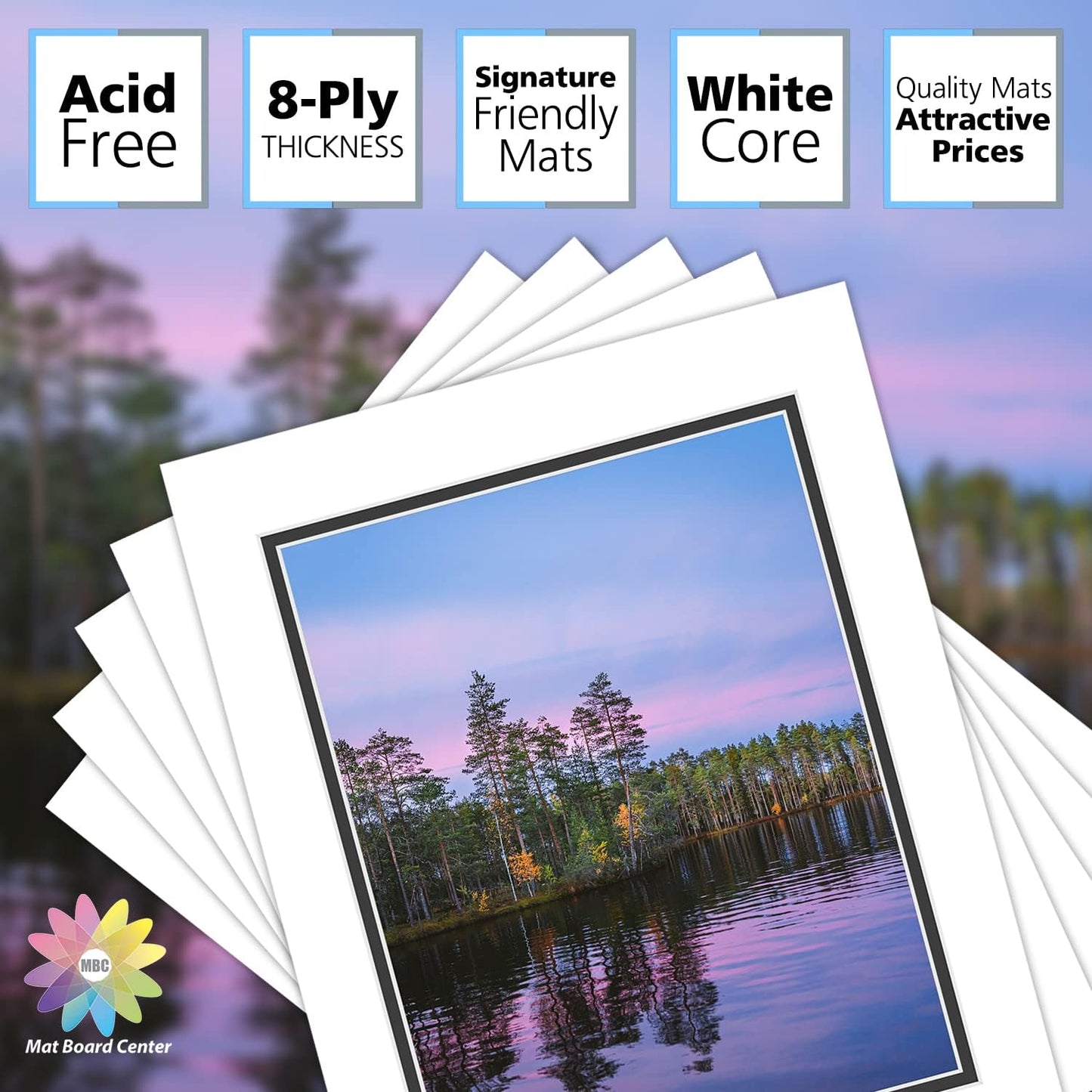 Mat Board Center, Double Mat - Acid Free, 8-ply Thickness, White Core - for Pictures, Photos, Framing (White Over Black, 11x14 for 8.5x11, Pack of 5)